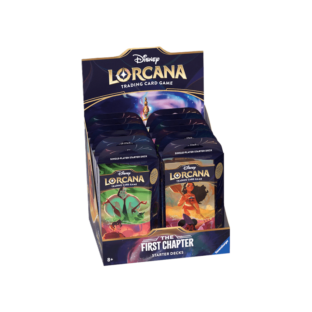 The Ravensburger Disney Lorcana: The First Chapter Starter Deck Display features vibrant Disney-themed packaging and Lorcana branding. Suitable for ages 8+, it's perfect for fans and collectors of the trading card game.