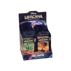 The Ravensburger Disney Lorcana: The First Chapter Starter Deck Display features vibrant Disney-themed packaging and Lorcana branding. Suitable for ages 8+, it's perfect for fans and collectors of the trading card game.