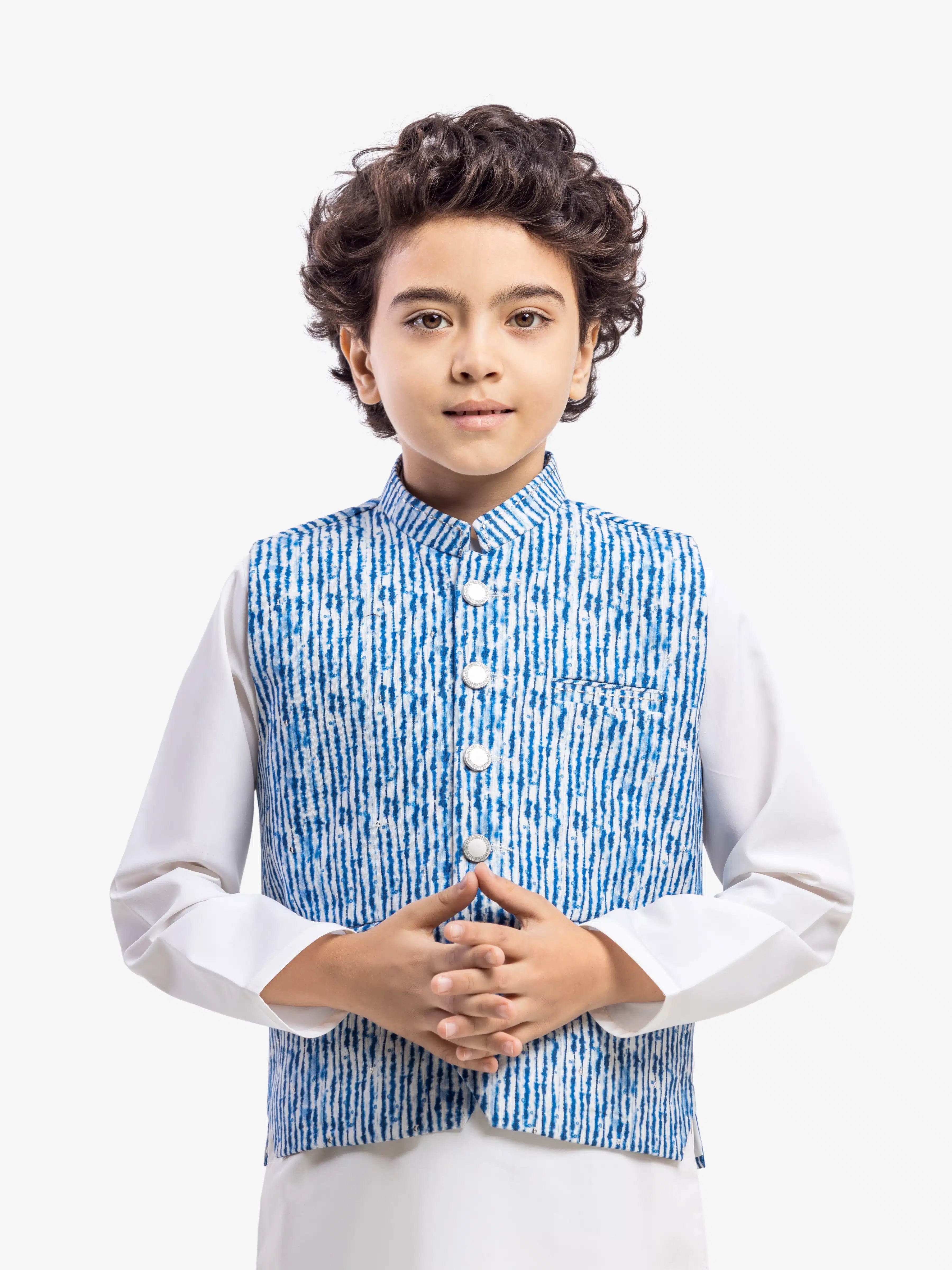 Boy's Blue & Off White Waist Coat Suit - IUS-EBTWCS25-25195