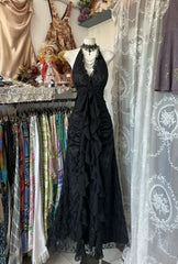 Enchanted Black A-Line Ball Gown 💫Chiffon&Tulle Princess Halter Open Back Design for Galas & Formal Events