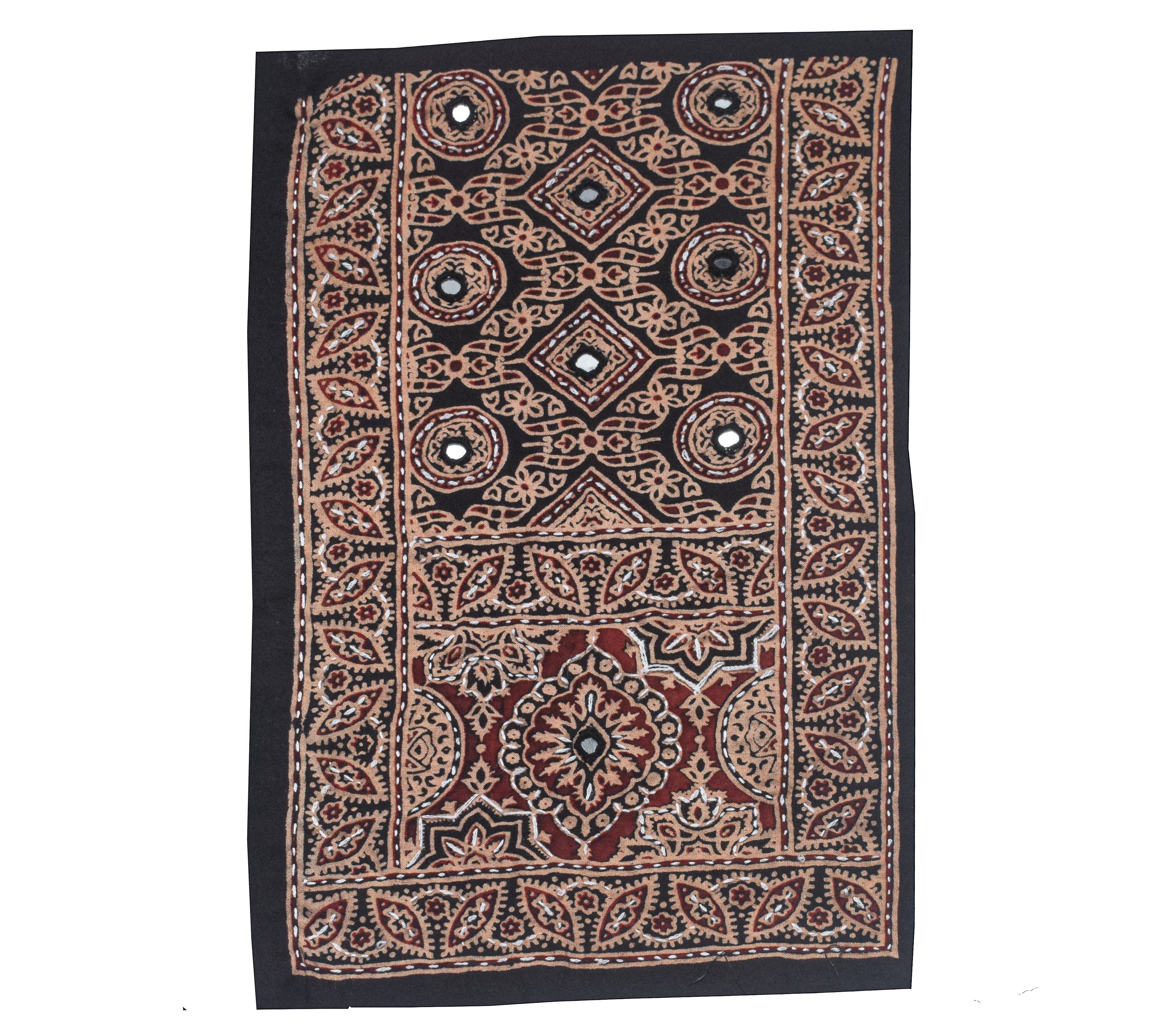 Ajrakh Cotton Natural Dye Small Mirror Work Hand Block Print Yoke Fabric Applique Patch For Kurta - 37 cms Length - SKU : ID18803I