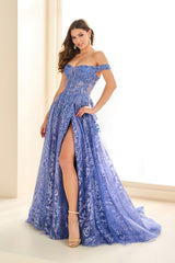 Prom Dresses Glitter Lace Long Formal A Line High Slit Prom Dress Dark Periwinkle