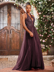 Maxi Robe de Bal Appliquée avec Corset en Tulle et Dentelle à Col Licou Cabernet