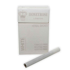 Packaging of HONEYROSE 'WHITE' Line herbal cigarettes, showing a single cigarette stick beside the box with white color theme and product details.