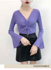 Drawstring V-Neck Thin Sweaters