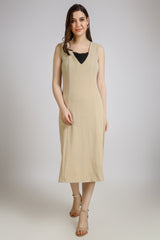 Vomendi Beige Bodycon Dress with Princess Seam and Cut Sleeves