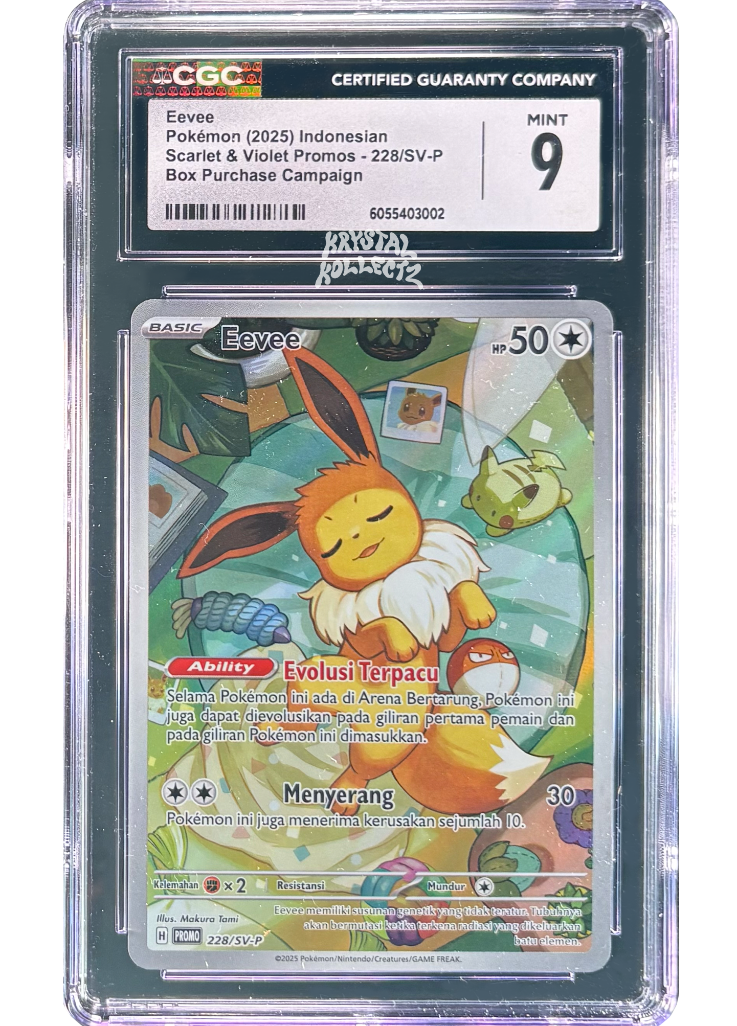 Eevee Pokémon 2025 Indonesian 228/SV-P Scarlet & Violet Mint condition 2025 promo card Makura Tami 6055403002 KrystalKollectz AR Art Rare Prismatic Evolutions