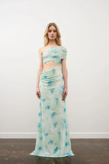 Lia Dress in Multi Green Rhinestone by DŽO, a one-shoulder mesh maxi with abstract print, ruched bodice, and subtle rhinestone detailing.