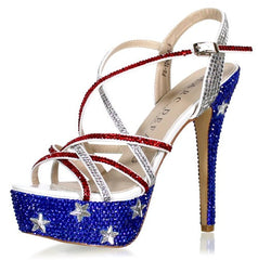 Marc Defang Marc Tops USA Red White & Blue Crystal Pageant Heels Shoes DESCRIPTION Featured crystal color: USA Flag Heel Height: 5.5" heels and 1.75" Platforms Comfort Strappy Sandals 100% custom handmade product, industry's highest quality standard. Our sizes are true to size based on US standard Regular Fit. Available Sizes: 5.5, 6, 6.5, 7, 7.5, 8, 8.5, 9, 9.5, 10, 11 (Average 30 days before Arrival - custom made)