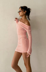 Beginning Boutique Mimi Pink Long Sleeve Off Shoulder Knit Mini Dress pink ribbed knit off-shoulder mini dress with lace trim and cable knit hem