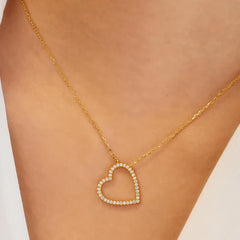 Gold heart-shaped necklace on a person's neck against a neutral background