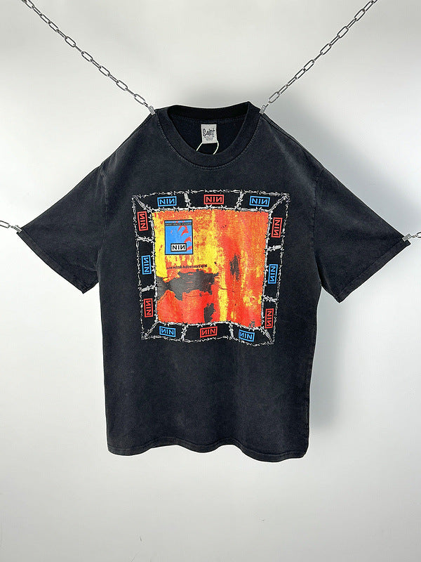 Men Vintage T-Shirts Saint "Nine Inch Nails" Rock Band Washed Distressed T-Shirts