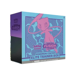 Sealed Pokémon Center Exclusive Fusion Strike Elite Trainer Box with 10 booster packs, exclusive sleeves, energy cards, and accessories