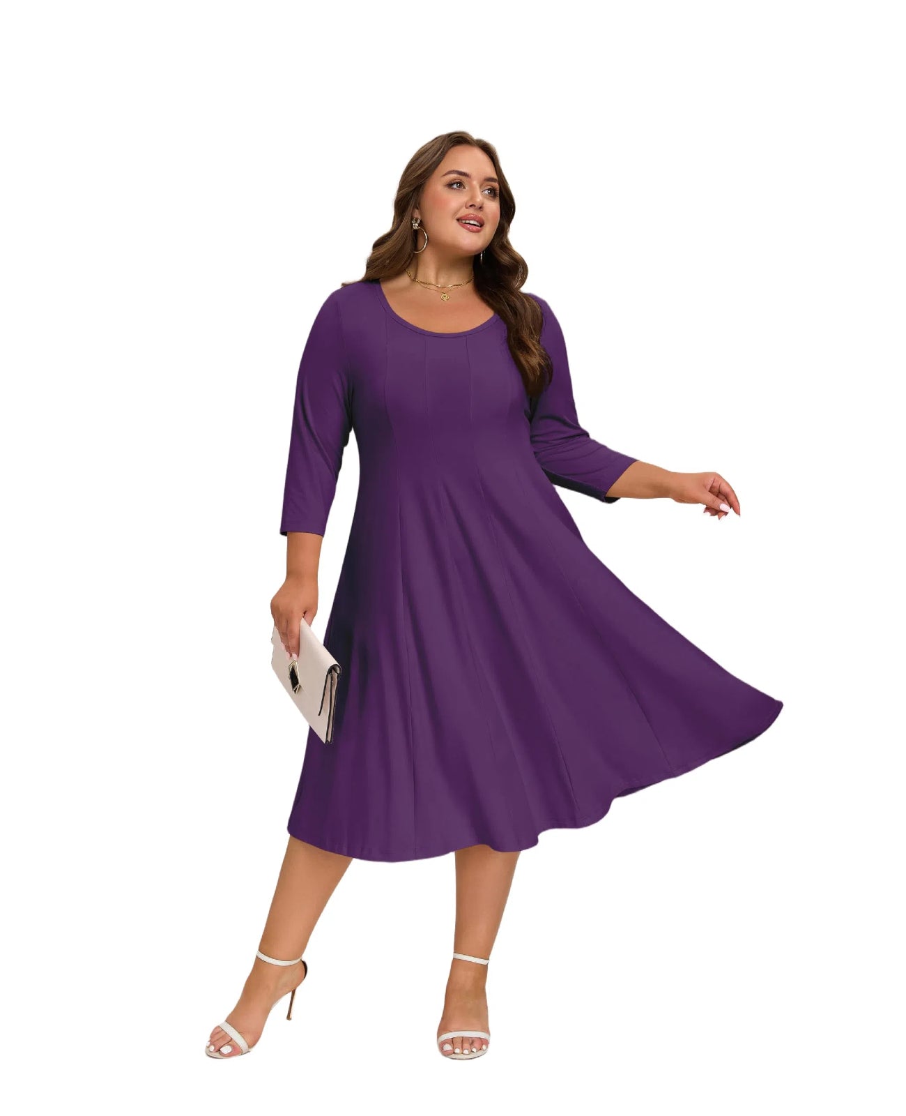 Plus Size Midi Dress 3/4 Sleeve Crew Neck - Purple-Moon Wood