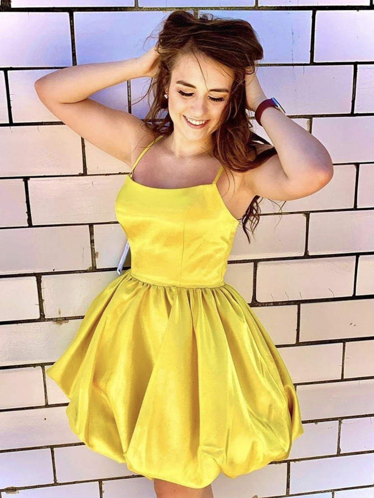 Princess Yellow Satin Short Prom Dresses, Yellow Homecoming Dresses, Short Formal Graduation Evening Dresses SP2430