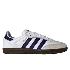 A purple and white Adidas Samba ADV skateboarding shoe with leather and suede materials, seen from the left—a standout from the Adidas Skateboarding Samba ADV collection.