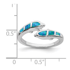 Sterling Silver Rhodium-plated Created Blue Opal Dolphins Ring - 3