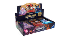 Lorcana Trading Card Game: The First Chapter Booster Box - Colorful Lorcana Trading Card Game booster box featuring Disney characters, open display with 12 packs visible.