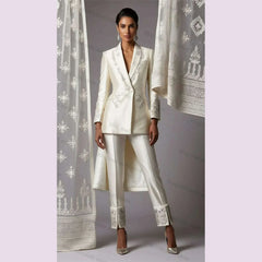 KIMLUD, Beige Satin Women Office Suits Set Customized 2 Pieces Blazer+Pants Designer Beaded Appliqued Formal Business Prom Dress Jacket, KIMLUD Womens Clothes
