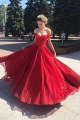 Sparkly Tulle Red A-line Off Shoulder Long Prom Dresses, Evening Dresses, MP761 | red prom dresses | shiny prom dress | party dresses | evening gown | musebridals.com