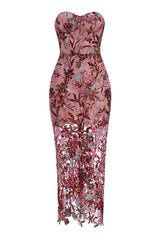 Strapless Flower Sequin-embellished Mesh Dress in Red