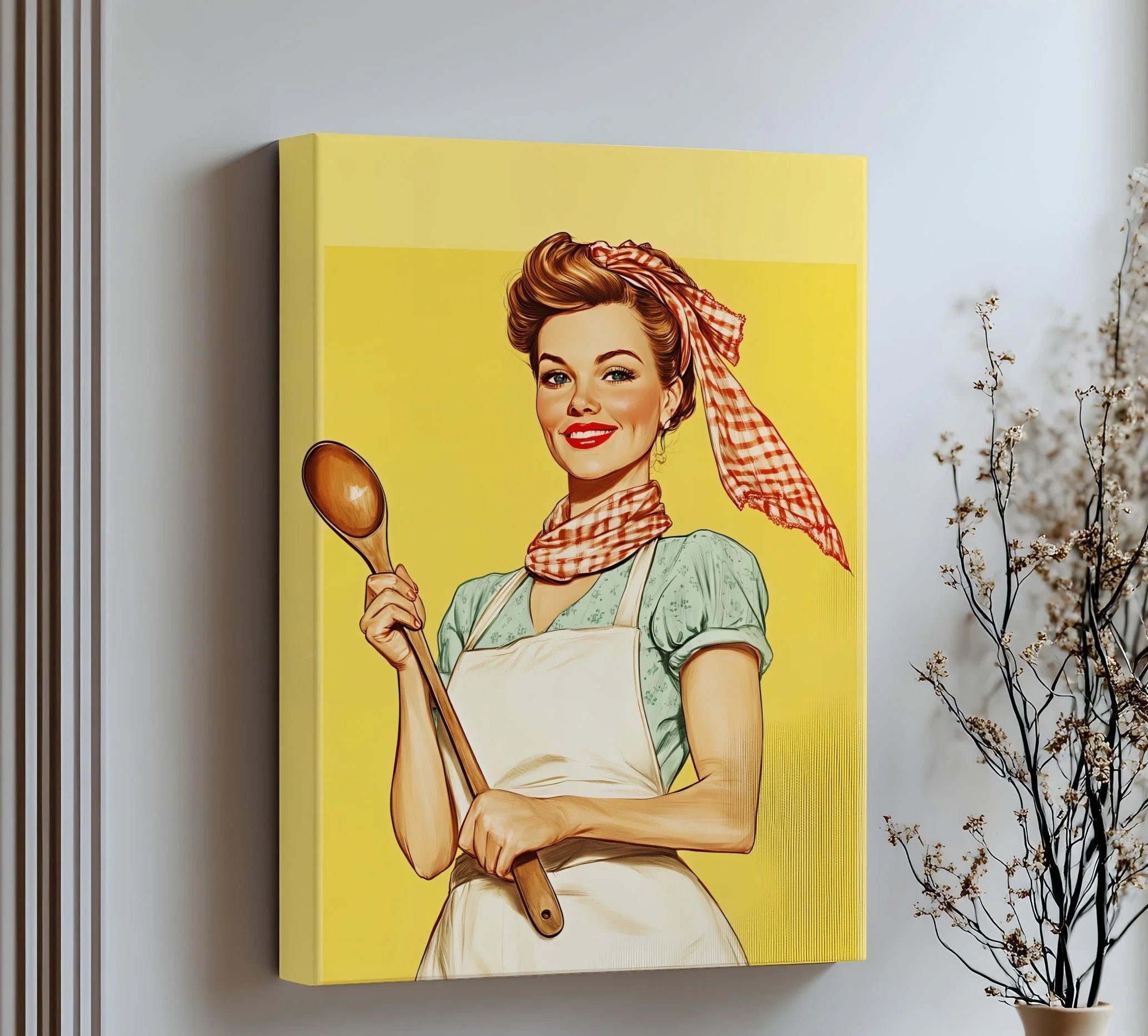The central subject in this canvas art print features a smiling 1950s vintage cooking lady holding a spoon, embodying retro kitchen muse.