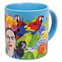 Unemployed Philosophers Guild - Frida Kahlo Mug featuring vibrant artwork, holding 10 oz, with quote in English and Spanish, angled view.