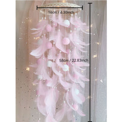 White Boho Pom Pom Feather Dreamcatcher - Whimsical Hanging Mobile for Girls Bedroom & Nursery Decor