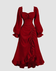 Front view of Vintage cherry red dress with ruffled sleeves, long sleeves, and a square collar, featuring a drawstring waist