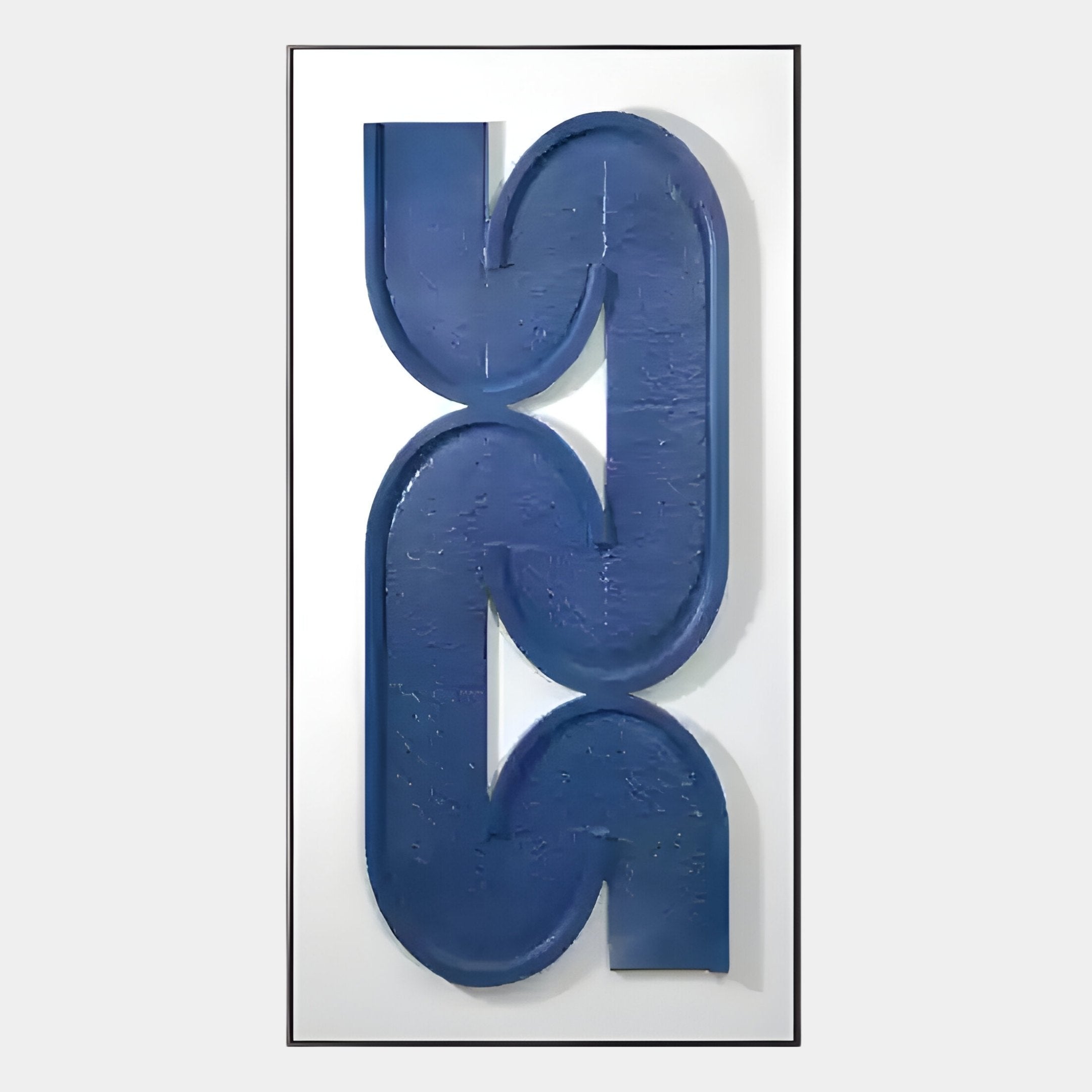 The Infinique Vertical Blue Abstract Wood Carving 3D Wall Art by Giant Sculptures showcases two large, interlinked curved shapes on a white background, framed with a simple black border for modern appeal.