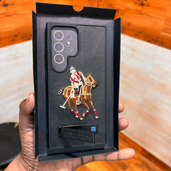Samsung Galaxy S24 Ultra Polo Embroidery Leather Case with Metal Kickstand - Brown Mobile Case by CoverMeUp - Style 4