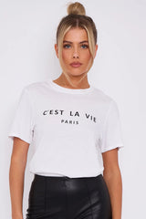 White C'est La Vie Short Sleeve Regular Fit T Shirt-1