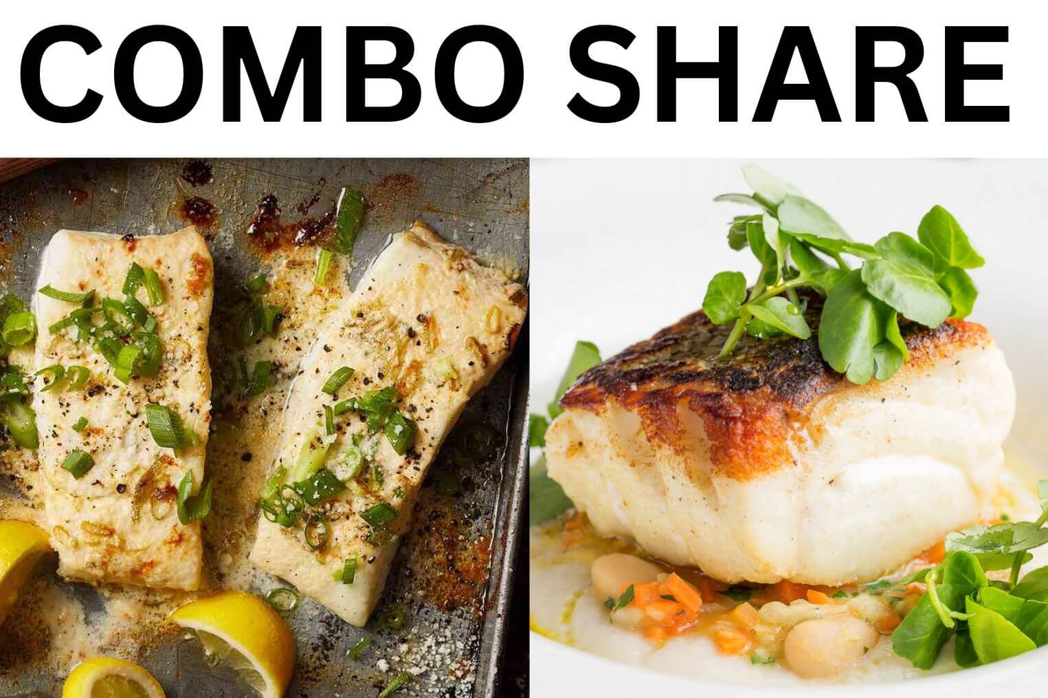 Wild Caught Alaskan Halibut and Cod Combo Seafood Share. Showing both cooked halibut and cod ready to eat.