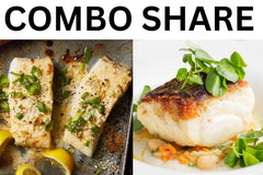 Wild Caught Alaskan Halibut and Cod Combo Seafood Share. Showing both cooked halibut and cod ready to eat.