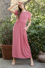 SHORT SLEEVE CINCH WAIST SOLID MAXI DRESS