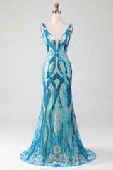 Zapakasa Women Prom Dress Glitter Blue V-neck Mermaid Formal Dress with Sequins