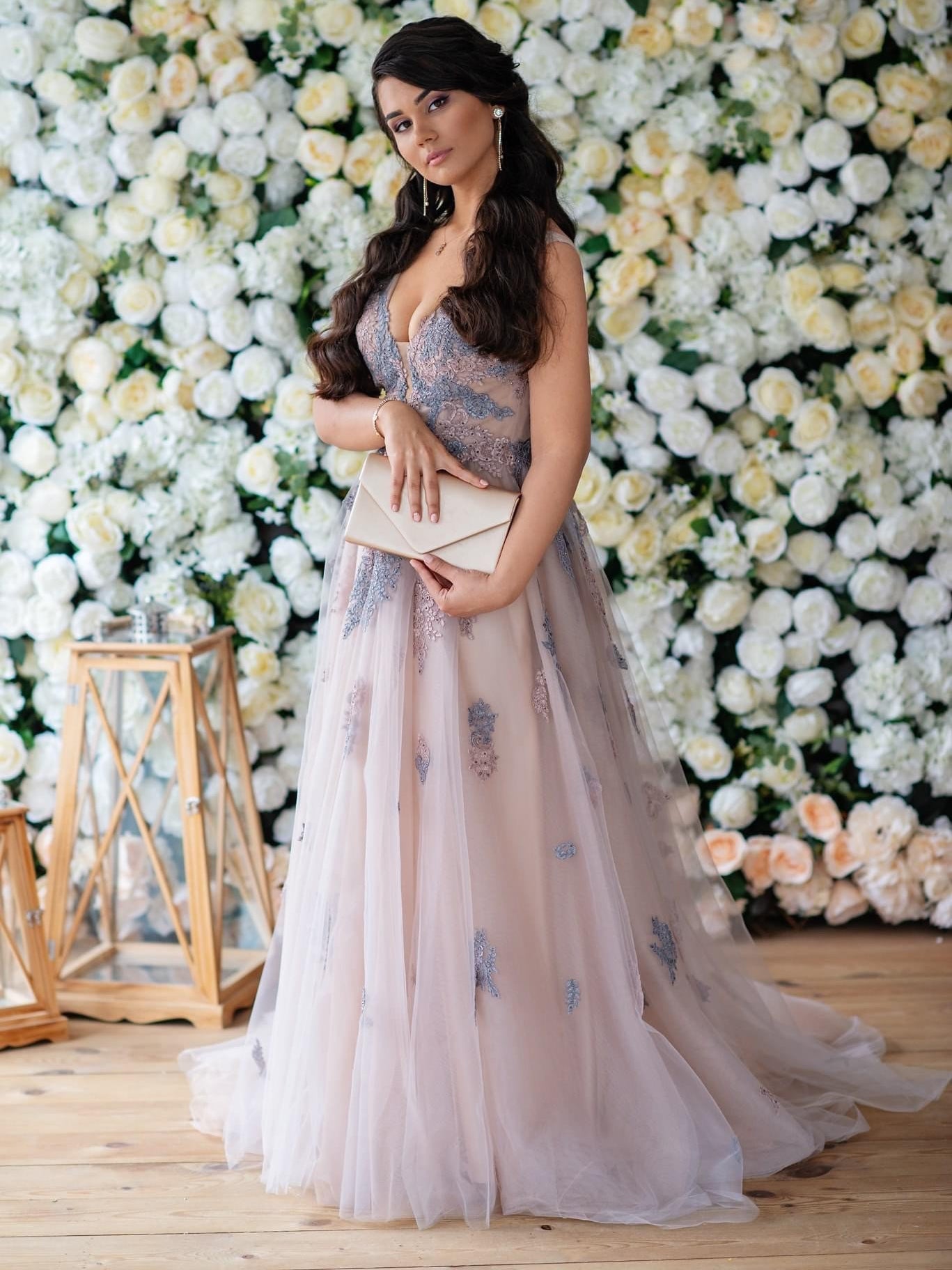 A-line Fairytale Pink Wedding Dress Unique Floral Wedding Gown Tulle Forest Bridal gowns KTS006|Selinadress