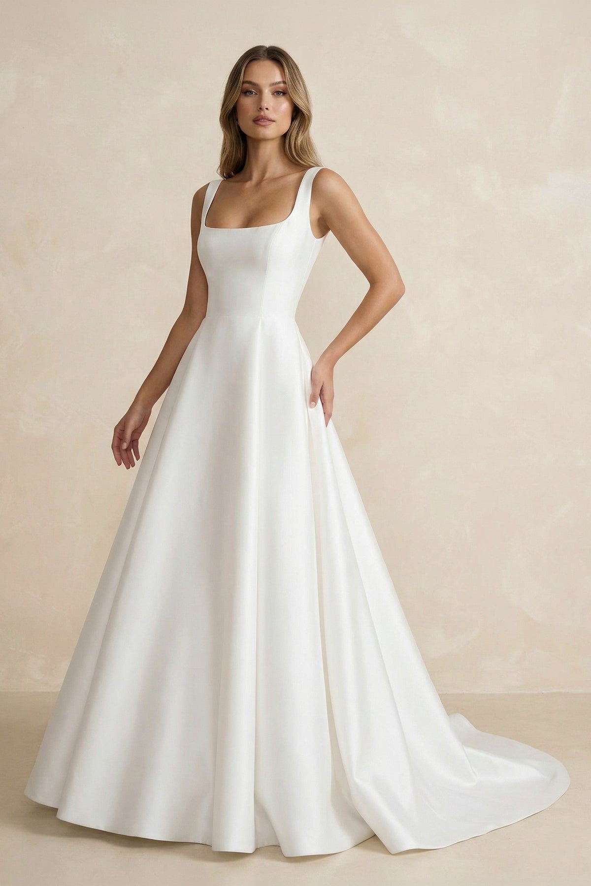 Simple A-Line Square Neck White Satin Wedding Dresses – Wedding Dresses by Kissprom | Available at KissProm