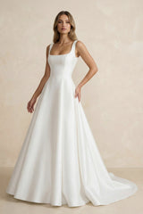 Simple A-Line Square Neck White Satin Wedding Dresses – Wedding Dresses by Kissprom | Available at KissProm