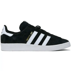 Adidas Skateboarding Campus ADV Shoe, black with white stripes and gold text on the side, lace-up closure.