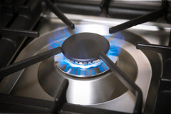 Nostalgie Series Dual Fuel Natural Gas Range with 5 Sealed Brass Burners 3.55 cu. ft. Total Capacity True Convection Oven Griddle with Bronze Trim in Blue UPDN100FDMPBLY 40" - America Best Appliances, LLC
