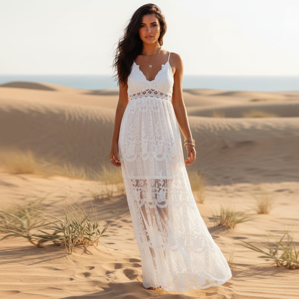 Boho Beach Hut Dress, Maxi Dress, Long Dress, Spaghetti Strap Dress, Beach Dress, Wedding Dress Spaghetti Strap Lace Boho Maxi Dress White / S
