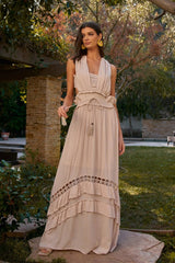Beige Boho Crochet Sleeveless D-Ring Shoulder Hooks Detail Open Back Ruffle Maxi Dress /1-2-2 - Tasha Apparel Wholesale