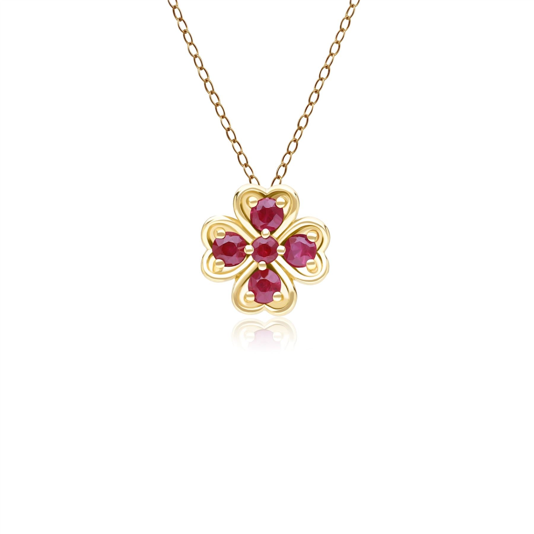 Gardenia Collana con Ciondolo Rotondo con Trifoglio E Rubino in Oro Giallo da 9 Ct