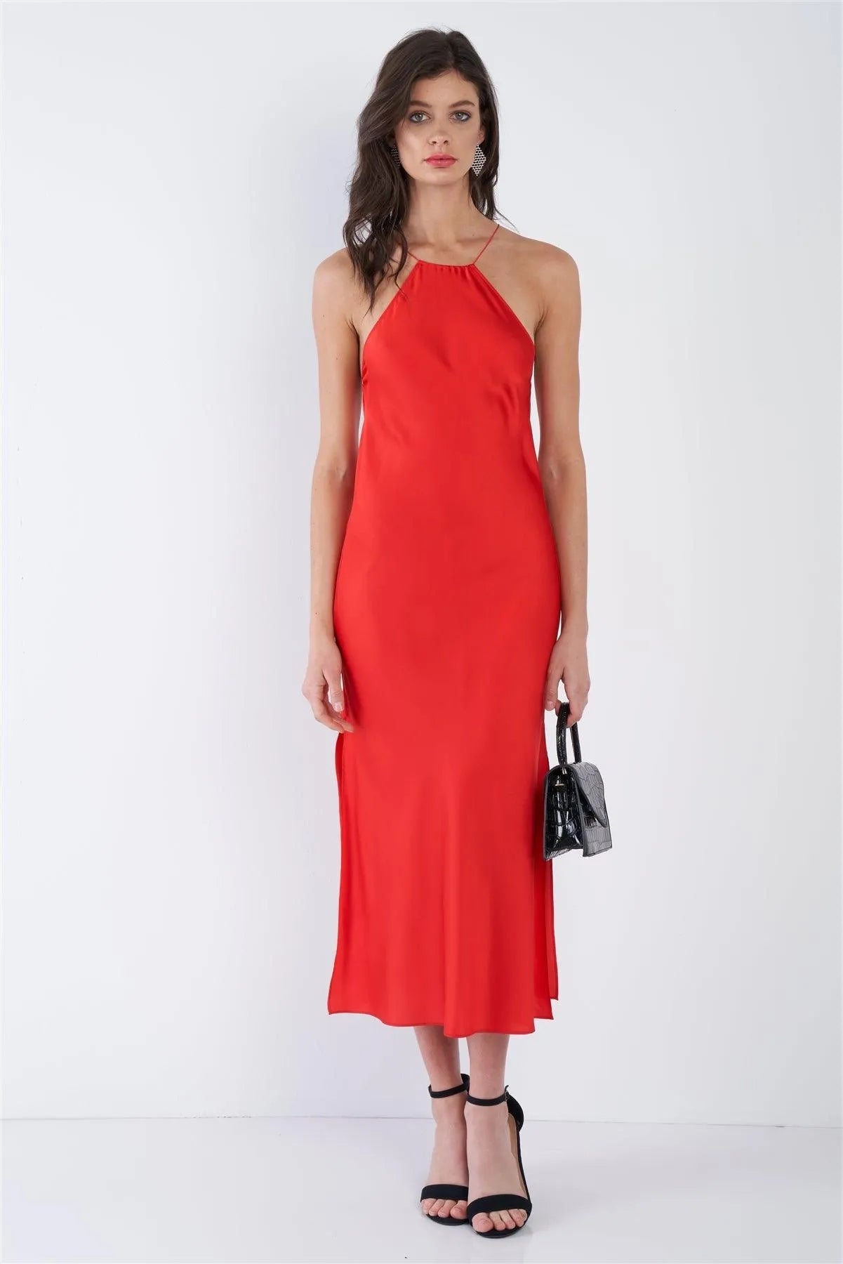 Red Silk Halter Side Slit Criss-Cross Open Back Midi Dress /3-2-1 - Tasha Apparel Wholesale