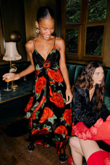 FARM Rio model wearing the Black Latin Roses 3d Flower Layered Maxi Dress
