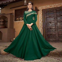Bottle Green Floral Embroidered Muslin Gown
