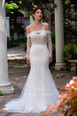 fit flare sparkly detachable sleeve wedding dress