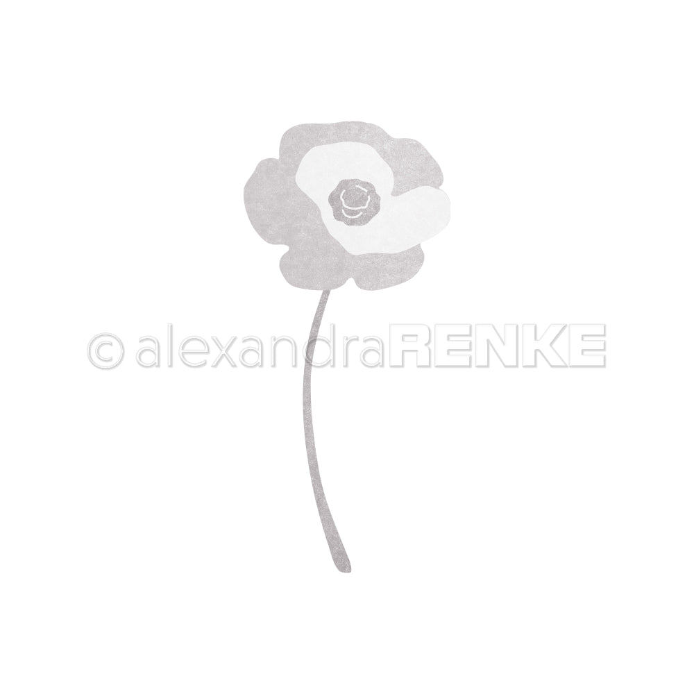 Minimalistische graue Blumenillustration mit langem Stiel auf weißem Hintergrund, inspiriert von Alexandra Renkes Entwürfen für elegante, schlichte Handarbeit.