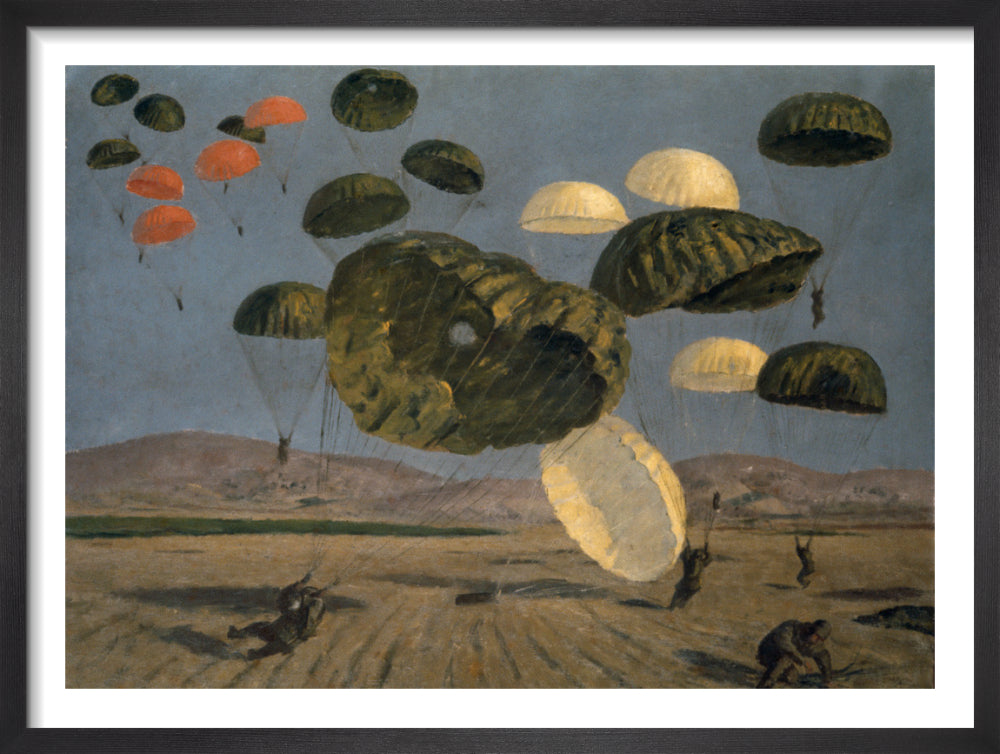 Parachute Drop 1943 by Henry Carr. Framed art print.